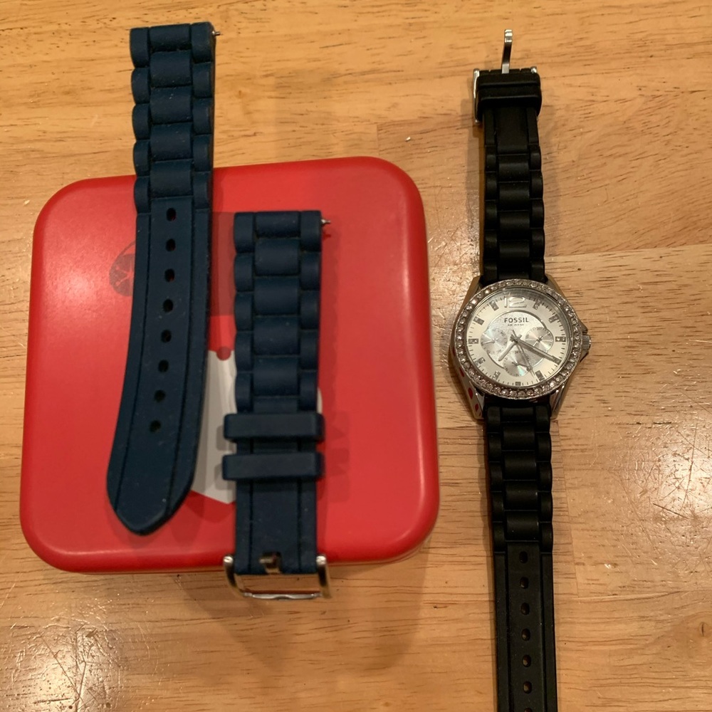 Fossil watch with Stones - black rubber bands